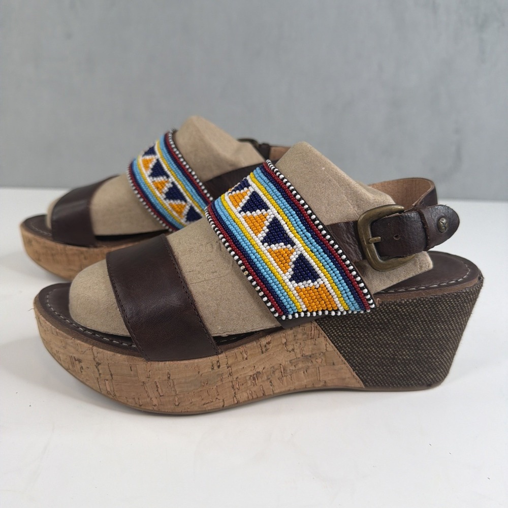 Pikolinos Womens 38 Brown Leather Beaded Wedge Sandals Boho Made in Spain - Picture 5 of 16